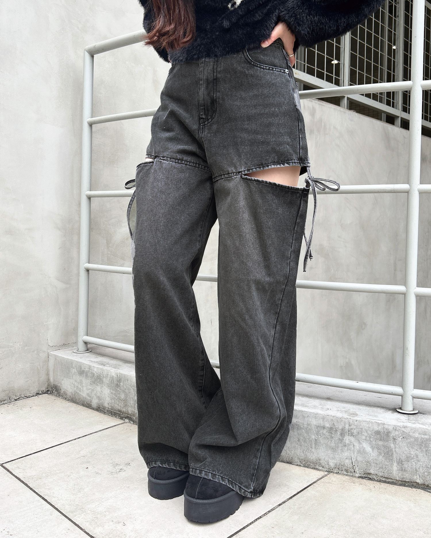 サイドスリットリボンデニムワイドパンツ