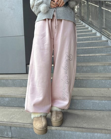 ラインストーンロゴバレルレッグ裏起毛ラメパンツ