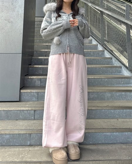 INGNI(イング) ラインストーンロゴバレルレッグ裏起毛ラメパンツ ライトピンク