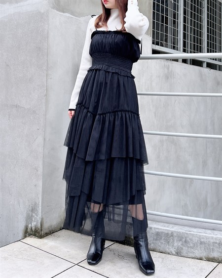 【WEB限定】【11／4 2時までの限定価格】チュールイレヘムティアードロングワンピース