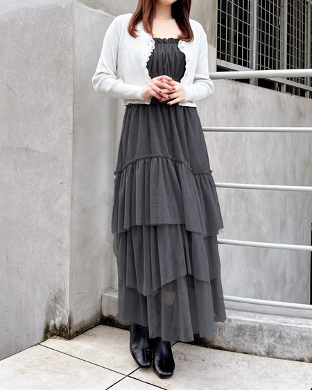 【WEB限定】【11／4 2時までの限定価格】チュールイレヘムティアードロングワンピース