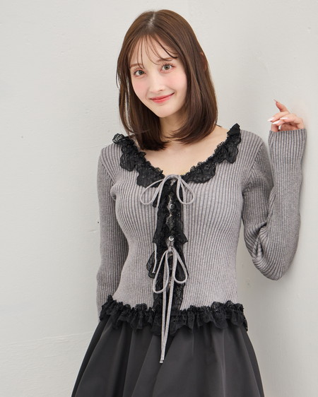 【11／4 2時までの限定価格】リボン付配色レースニットカーディガン