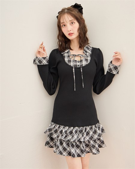 【11／4 2時までの限定価格】チェックシャツドッキング長袖ニットワンピース