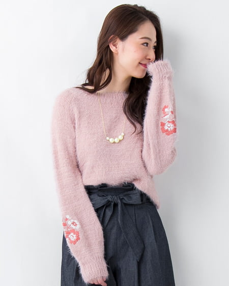 allamanda(アラマンダ) テンタッチ袖刺繍ニット ピンク