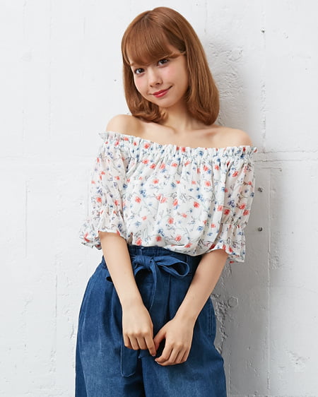 INGNI(イング) 花柄シフォンキャンディー袖／TOPS ｵﾌﾎﾜｲﾄ