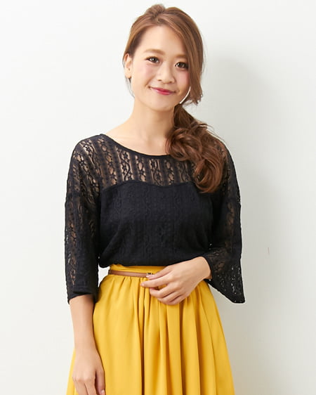 allamanda(アラマンダ) フレア袖レースTOPS クロ