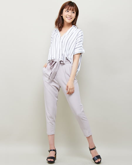INGNI(イング) スキッパーシャツ＋サッシュ付テーパードパンツ／SET オフクロ/ストライプ