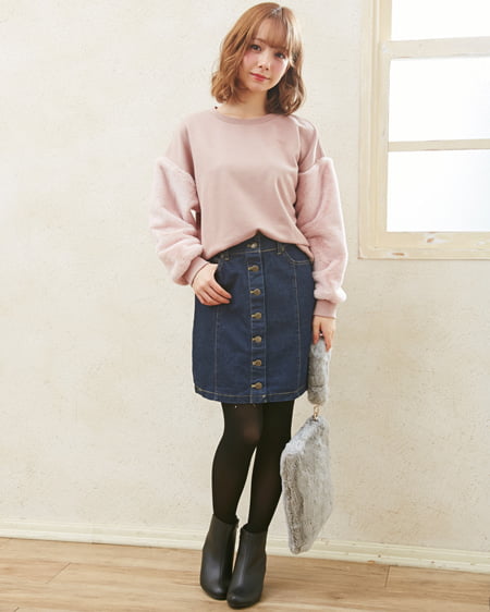 INGNI（イング） 袖ファー切替裏毛トップス＋前釦台形スカート／SET ﾋﾟﾝｸ/A