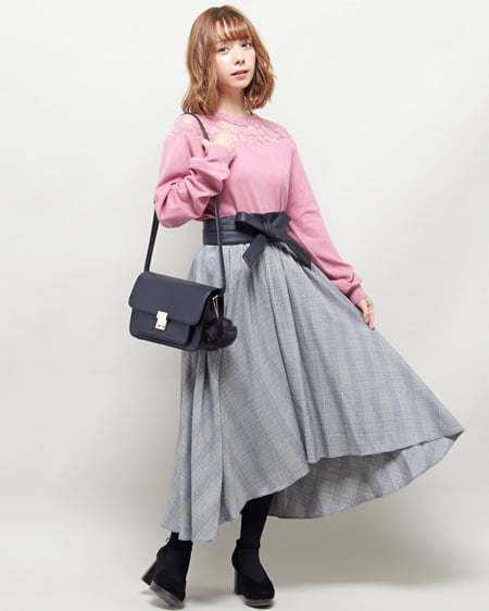 INGNI（イング） レース切替ニット＋サッシュ付イレヘムスカート／SET ﾓｰﾌﾞﾋﾟﾝｸ