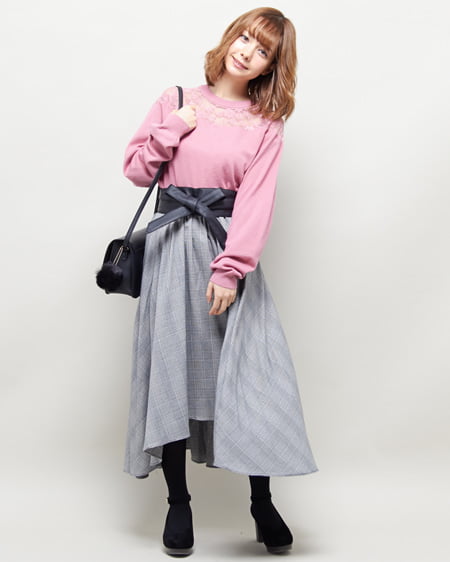 INGNI（イング） レース切替ニット＋サッシュ付イレヘムスカート／SET ﾓｰﾌﾞﾋﾟﾝｸ