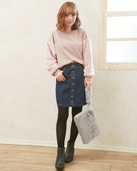 INGNI（イング） 袖ファー切替裏毛トップス＋前釦台形スカート／SET ﾋﾟﾝｸ/A