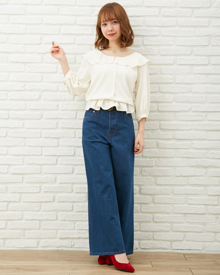 INGNI（イング） ボリューム袖トップス＋デニムワイドパンツ／SET ｵﾌﾎﾜｲﾄ
