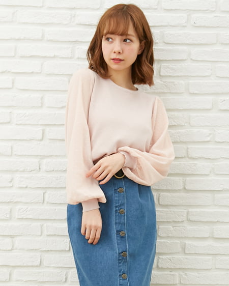 INGNI(イング) 袖ドットチュール長袖ニット ﾋﾟﾝｸﾍﾞｰｼﾞｭ