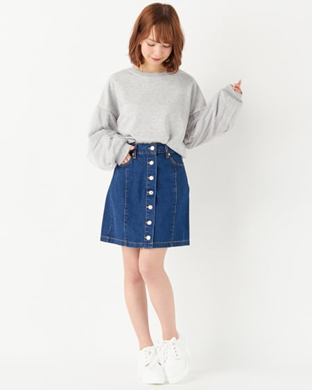 INGNI(イング) 袖チュールトップス＋前ボタン台形スカート／SET ｸﾞﾚｰ