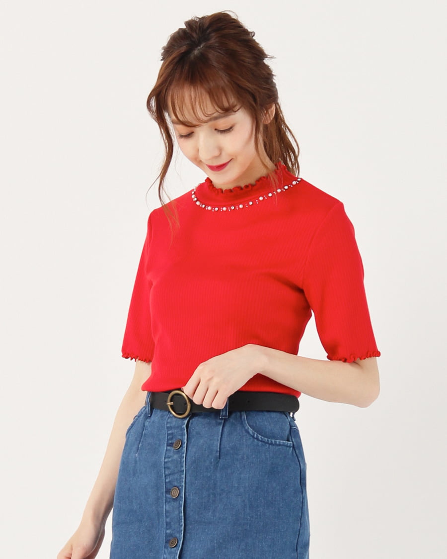 ビジュー付きメローリブハイネック／トップス｜allamanda