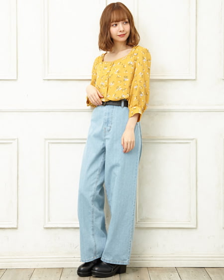 INGNI（イング） ベルト付ハイウエストデニムワイドストレートパンツ ﾌﾞﾘｰﾁ