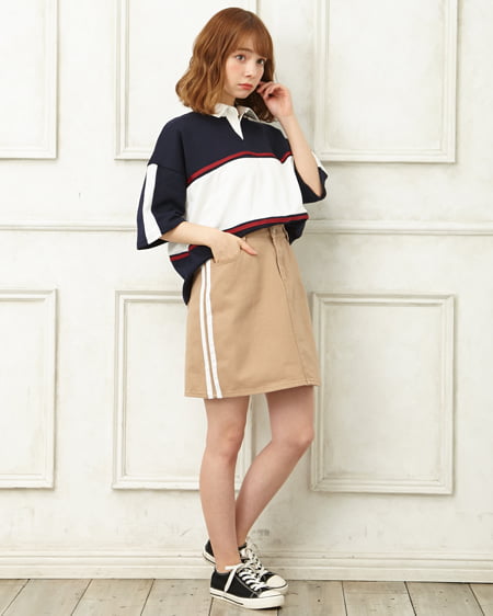 INGNI(イング) 配色ラガーシャツ＋サイドライン台形スカート／SET コン