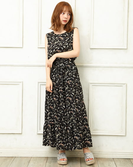 極美品 45rpm インディゴ 花柄 ノースリーブ ワンピース