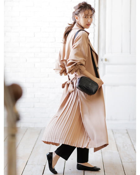 コーディネート バックプリーツ トレンチコート ハイウエストセンター