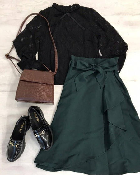 INGNI（イング） レースボウタイ長袖＋ラッフルミディスカート／SET ｸﾛ/A