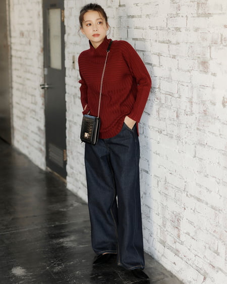 INGNI(イング) リブ切替モックネック+ハイウエストデニムパンツ/SET ボルドー