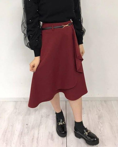 INGNI（イング） ベルト付ウールライクラッフルミディ／スカート ﾎﾞﾙﾄﾞｰ