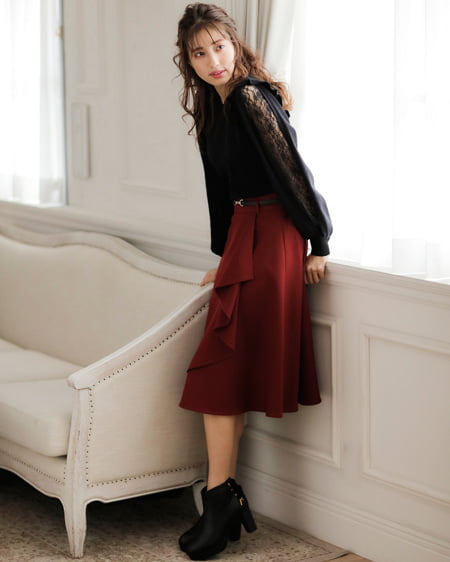 INGNI（イング） ベルト付ウールライクラッフルミディ／スカート ﾎﾞﾙﾄﾞｰ