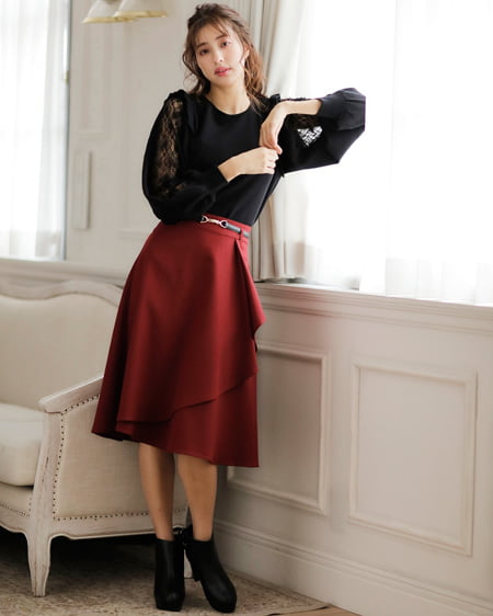 INGNI（イング） ベルト付ウールライクラッフルミディ／スカート ﾎﾞﾙﾄﾞｰ