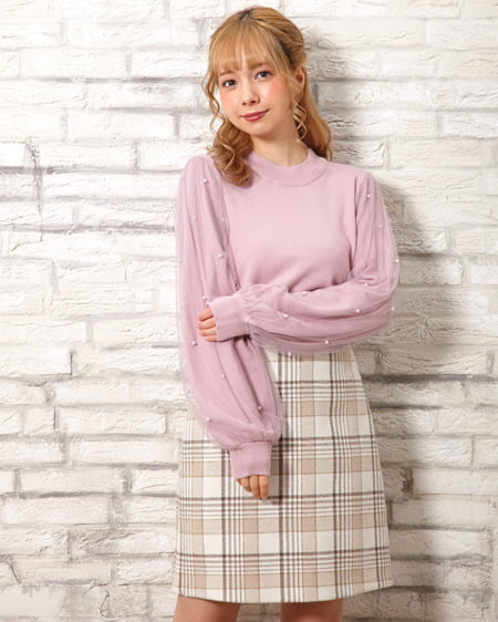 INGNI（イング） 袖チュールパールニット ｽﾓｰｸﾋﾟﾝｸ