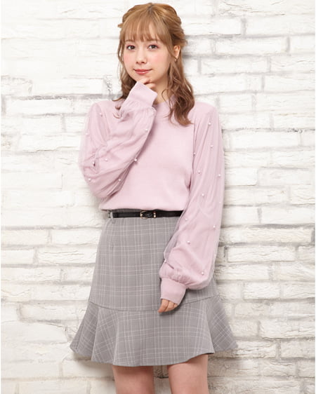 INGNI（イング） 袖チュールパールニット ｽﾓｰｸﾋﾟﾝｸ