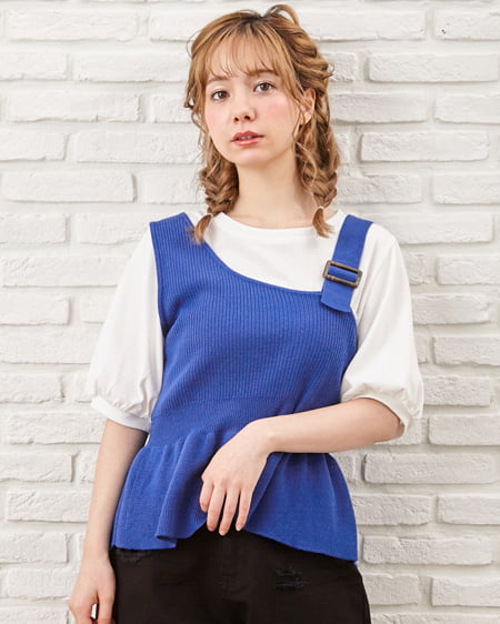 （新品タグ、替えボタン付）Siena Bicolor Rib Knit Set セットアップ】ペプラムニットビスチェ＋半袖Tシャツ／SET｜INGNI