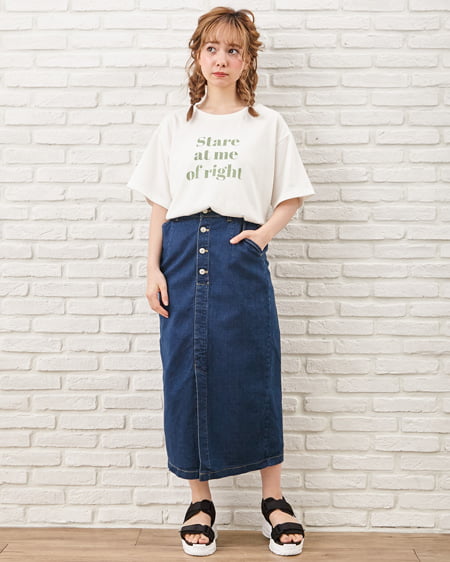 INGNI（イング） 3danロゴTシャツ＋前ボタンナロースカート／SET ｵﾌﾎﾜｲﾄ/ﾐﾝﾄｸﾞﾘｰﾝ
