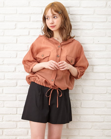 INGNI(イング) 裾ドロストシアーフードシャツ＋麻パンツ／SET テラコッタ