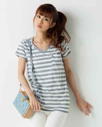 INGNI(イング) VネックTシャツ グレー/オフホワイト