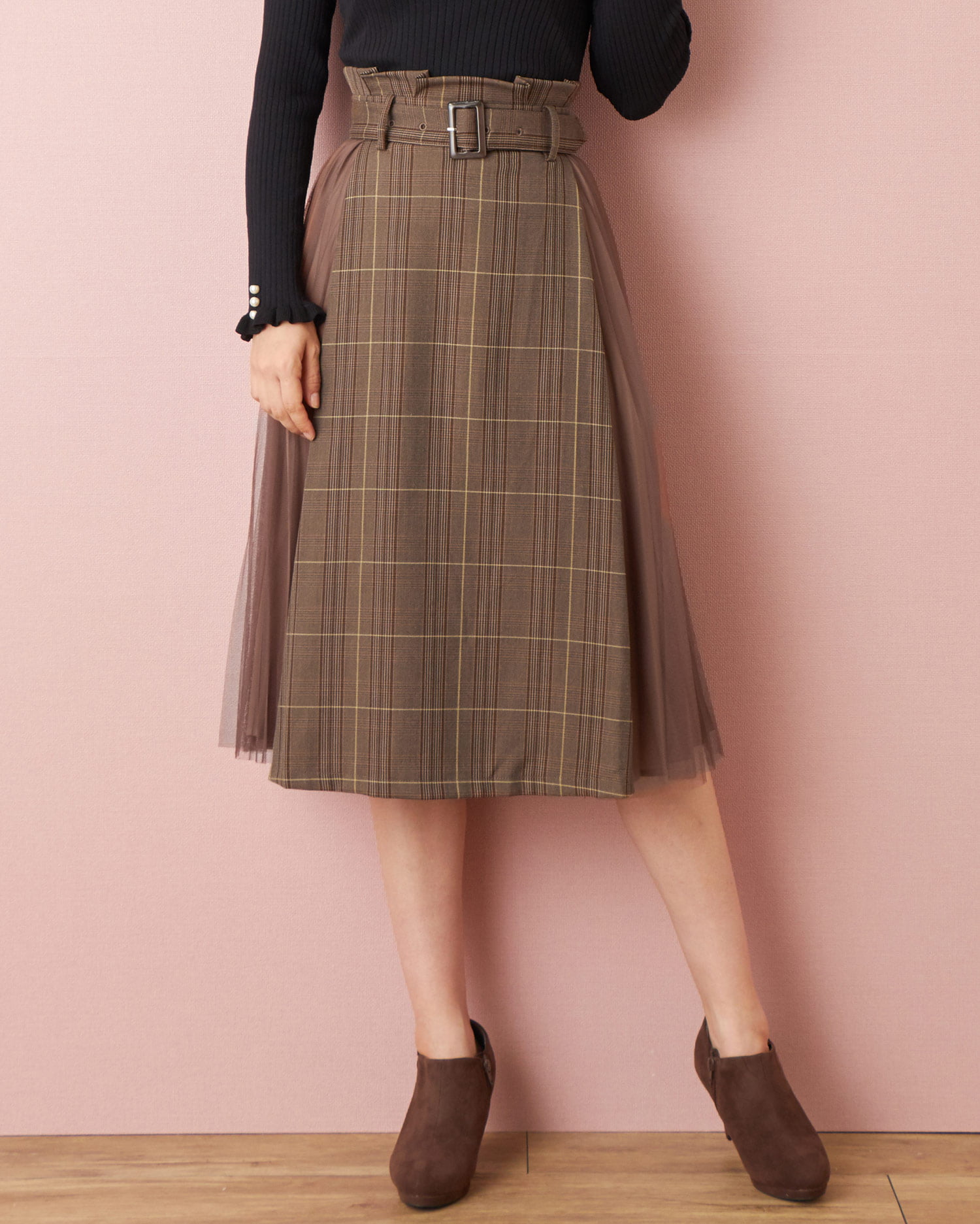 チェック柄サイドチュールプリーツ切替スカート｜allamanda(アラマンダ