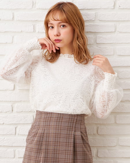 刺繍レース袖のリブタートルニット トップス ハイネック[品番