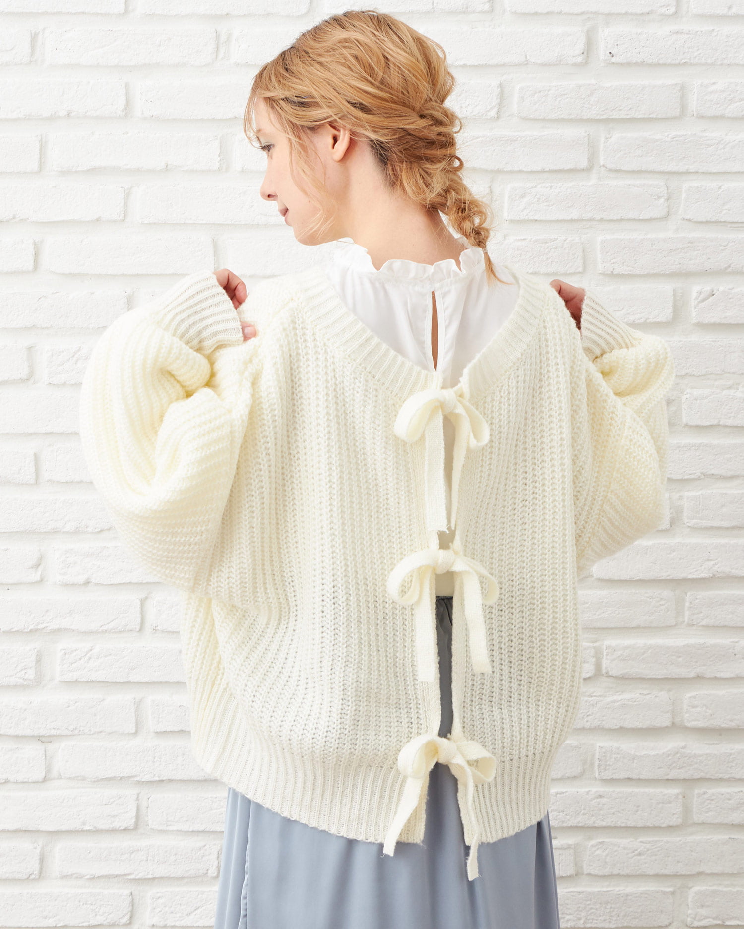 セットアップ】前後2WAYリボン畦カーディガン／ブラウスSET｜INGNI