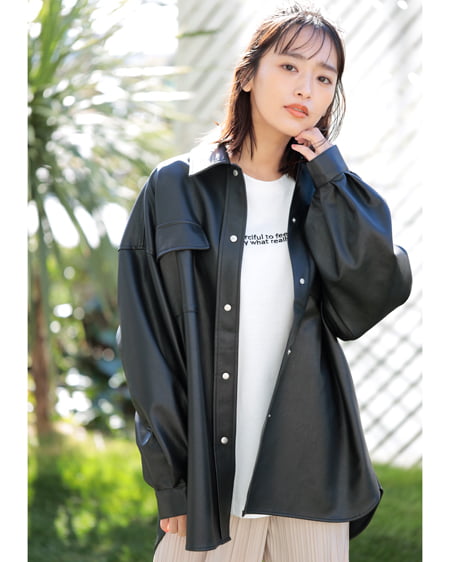 INGNI（イング） フェイクレザーシャツジャケット＋刺繍ロゴロングTシャツ／SET ｸﾛ