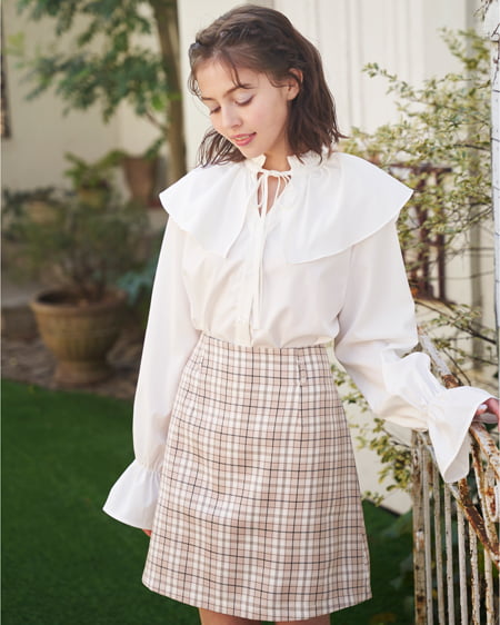 コーディネート デカ襟フリルブラウス,チェック柄台形/スカート