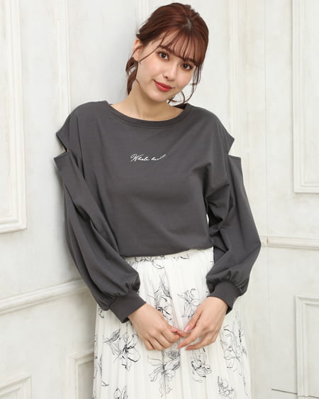 INGNI（イング） Backフォト肩スリットロングTシャツ ﾁｬｺｰﾙｸﾞﾚｰ