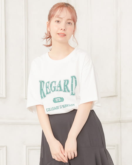 INGNI(イング) かすれカレッジロゴTシャツ オフホワイト/グリーンA