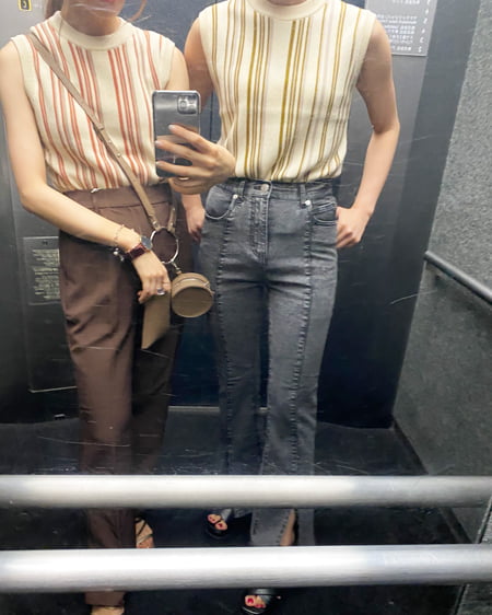 INGNI(イング) ストライプノースリニット ｱｲﾎﾞﾘｰ/ｸﾞﾘｰﾝ