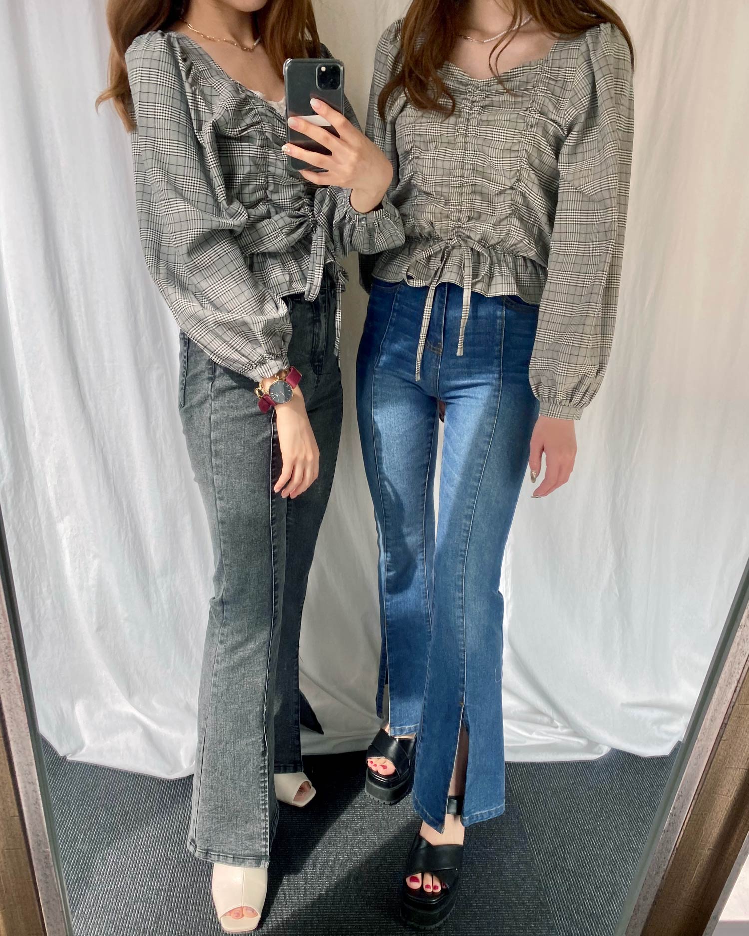 インドリネン シャーリングブラウス チェック柄 チェック柄シャーリング／ブラウス｜INGNI(イング) 公式通販