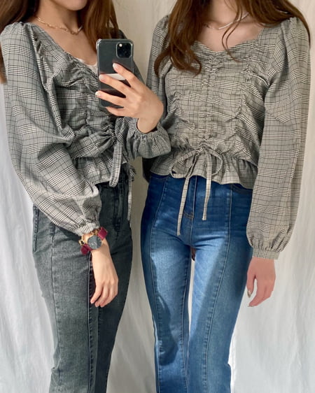 インドリネン シャーリングブラウス チェック柄 セール】 チェック柄シャーリングペプラムブラウス【洗える
