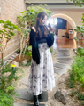 アミュエスト博多 150cm<br>骨格ストレート・イエベ<br>透け感のあるオーガンジー花柄スカートをシックなモノトーンコーデに使いました。ボレロを上品な印象で着こなすことが出来ます。
