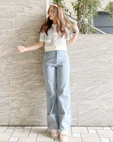 INGNI(イング) 【着用動画あり】ロールUPデニムパンツ アミュエスト博多 150cm<br>骨格ストレート・イエベ<br>大人気のツイードカーディガンの半袖バージョンです！大人可愛いツイードをデニム合わせでカジュアルコーデに。スカートを合わせると綺麗めコーデに仕上がるので印象をガラッと変えての着回しが可能です！