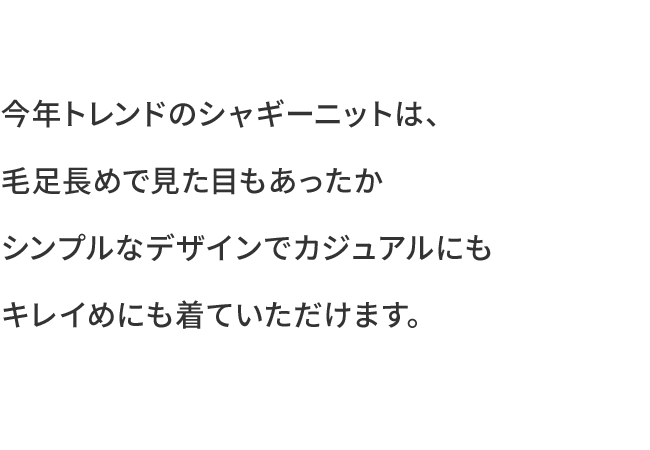 今年トレンドのシャギーニットは、毛足長めで見た目もあったかシンプルなデザインでカジュアルにもキレイめにも着ていただけます。