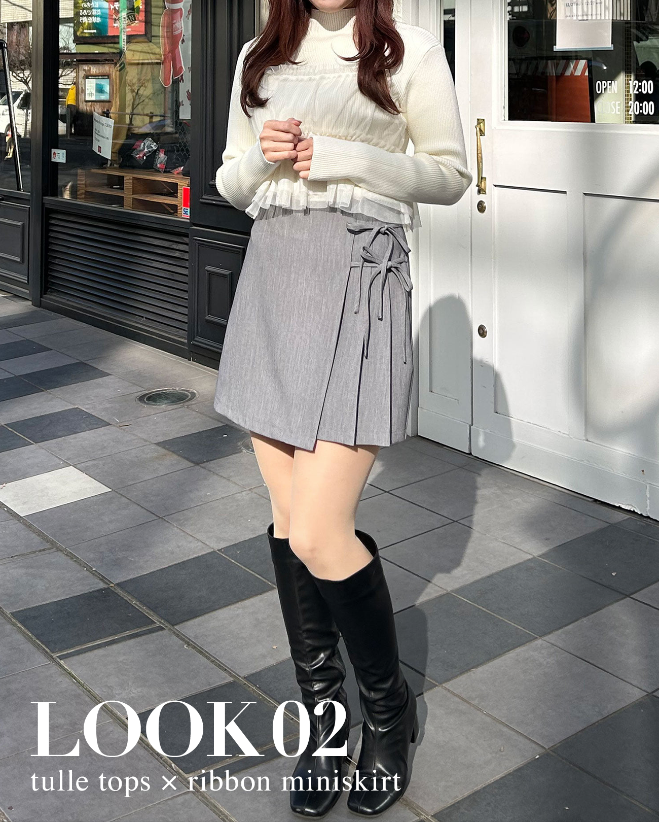 LOOK02 tulle tops × ribbon miniskirt