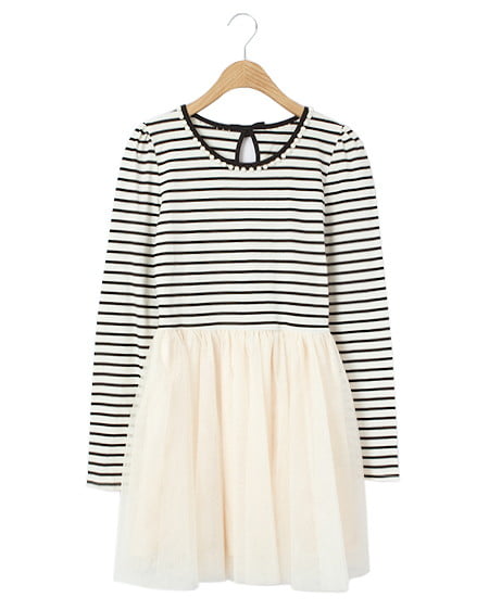 INGNI(イング) ボーダーｘチュールドッキング／ワンピース オフホワイト/クロ