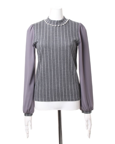 INGNI（イング） ストライプ異素材ハイネック TOPS ｸﾞﾚｰ